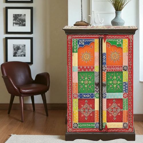 Image of APRODZ Wooden Handpainted Storage Cabinet for Living Room (Multicolor)