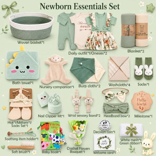 Image of Ultimate Baby Girl Gift Basket, Woodland Sage Green Newborn Essentials, Premium All-in-One Baby Shower Gifts for Expecting Moms with Floral Skirt, Swaddle, Diaper Caddy Organizer