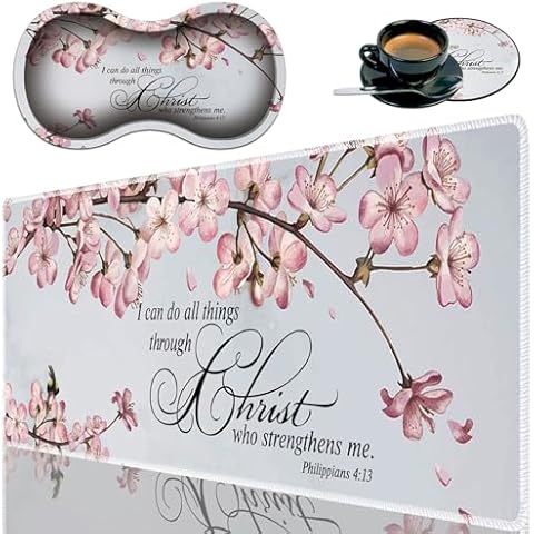 Durable Desk Mat + Wrist Rest Pad + Coasters Set, Large Gaming Office Mouse Pad 31.5 "x 11.8", Extended Non-Slip Rubber Keyboard Pad, Laptop & Home, Philippians 4-13 Cover