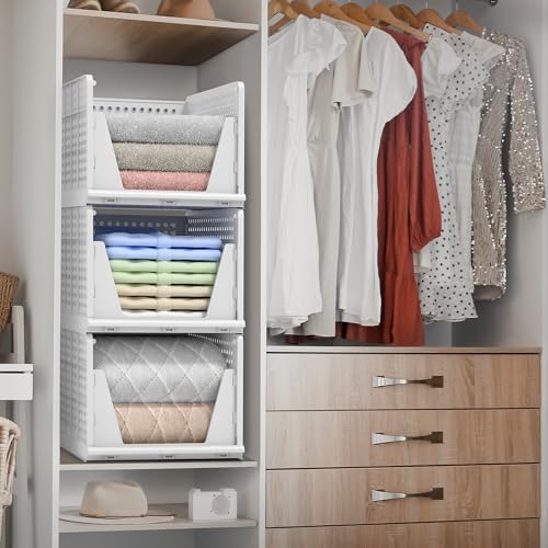 Image of Sorbus 3 Pack Folding Closet Shelf Organizer for Clothes - Versatile Stackable Storage Baskets for Closet, Bathroom, Kitchen and Garage - Easy Access Open Front Design - Plastic Organizer Shelves