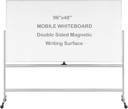 INNOVART Pizarra blanca móvil de 96 x 48 pulgadas, pizarra magnética de borrado en seco de doble cara reversible de 360 con soporte rodante portátil