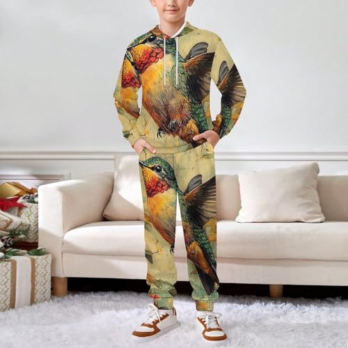 Boys Girls Sweatshirt Set 2 Piece Pullover Hoodie Kid Jogger Sweatpants, Hummingbird Vintage3