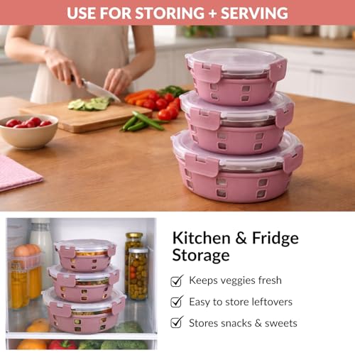 Image of Nestasia Gripso Glass Containers Set of 3 (400ml, 600ml, 950ml) with Silicone Sleeve & Locking Lid, Microwave, Dishwasher & Freezer Safe Round Food Storage Containers (Mauve)