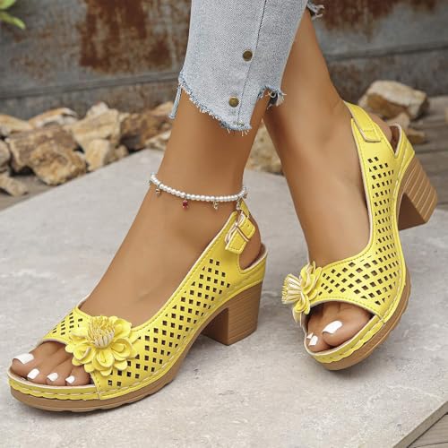 CLOUDEMO Buckled Square Heel Sandals for Women Dressy, Buckled Square Dressy Heel Summer Sandals, Low Slingback Peep Toe Wedge Shoes3