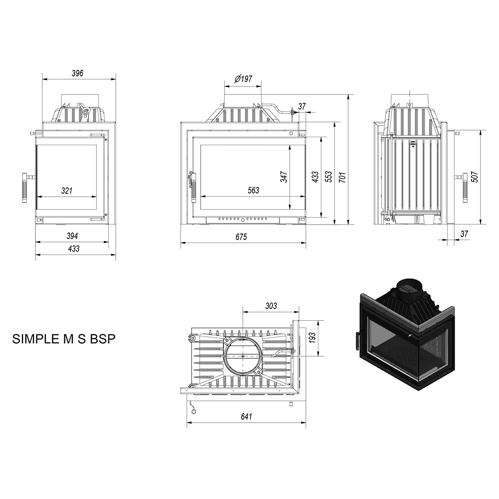 KRATKI SIMPLE a legna in ghisa 8kW Ø200mm - efficiente gamma di potenza & basse emissioni BImSchV 2 - aminetto elegante con vetratura laterale - Classe di efficienza energetica A, H70,1 x L60 x P36 cm