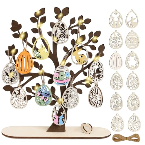 ARTREE Arbre de Pâques avec lumières, pendentifs en bois à peindre, bricolage pour enfants,...