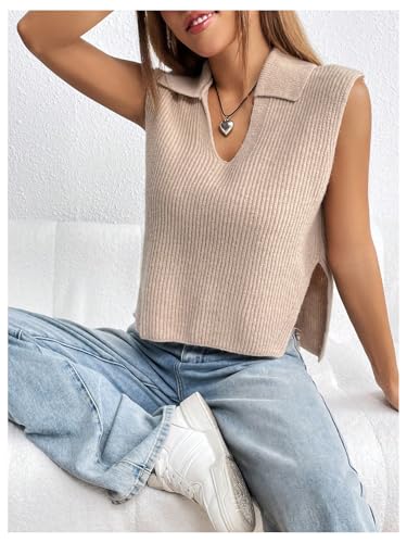 Image of MakeMeChic Women's Sweater Vest Collar V Neck Knit Sleeveless Summer Tank Tops Vest Tops Khaki Small