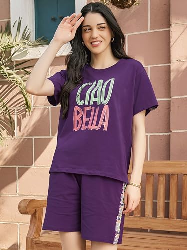 Image of ZEYO Night Suit for Women's Typography Printed Cotton Night Dress of Top and Shorts