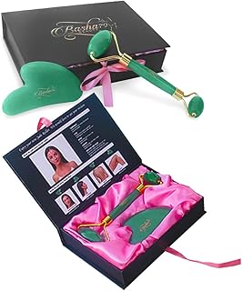 Basha79 Jade Roller & Gua Sha Massage Set, Real Jade Roller for Face Massage - Face Roller Massage for Eye Puffiness Treatment, Natural Skin Care Tools, Skin Tightening, Rejuvenate Face & Neck - Tones, Massager, Facial Roller for Skin, Body, Eyes, Neck - Tones, Firms, Depuff Natural Green Slimming Massager