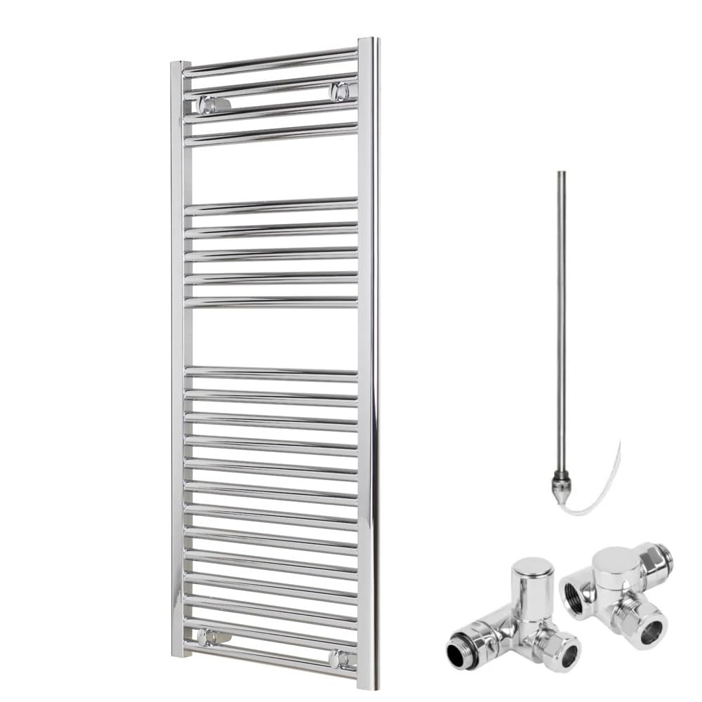 Solaire Chrome Bray Straight Dual Fuel Heated Towel Rail/Warmer/Radiator For Central Heating And Electric. Round Tube Ladder Design, 1000 X 500