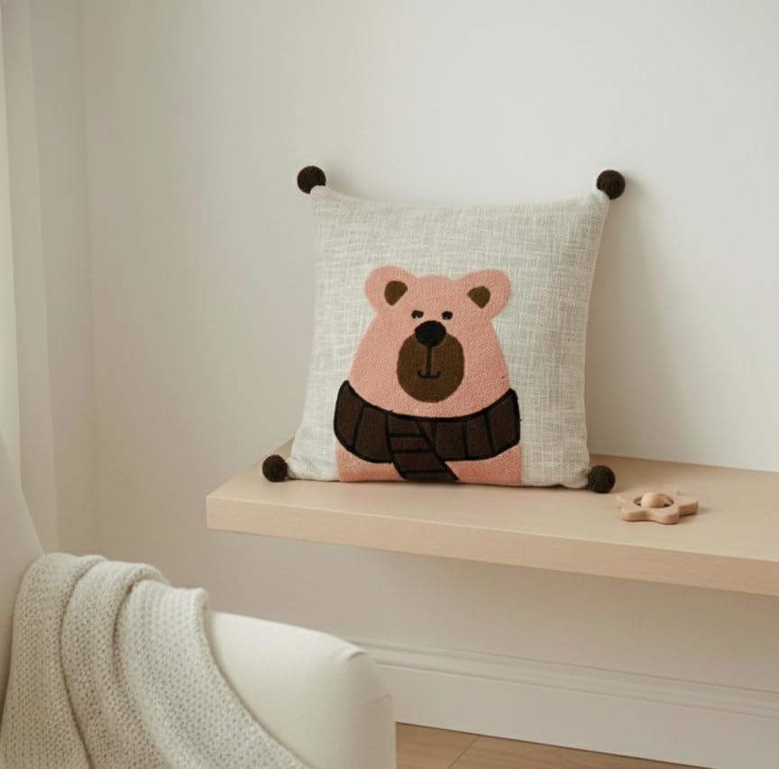 Image of Cotton Fabric White Cartoon Bear Embroidered Kids Cushion Cover for Sofa Set /Diwan Beds 16 x 16 Inches or 40x40 cms Cushion Covers, Sofa Throw Pillow Cover only, Set of 1 Pc