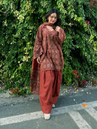 Image of ANNI Designer Farshi Salwar Suit for Women Cotton Printed | Kurta Dupatta Set for Woman | Straight Palazzo Outfit Round Neck V-Slit Long Sleeve Ethnic Dress Stylish Womens Clothing