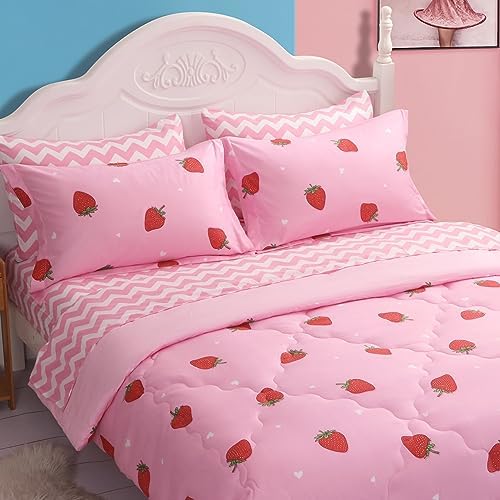 Gusuhome Strawberry Comforter Bedding Set Full Size for Girls 7 Piece Pink Kawaii Comforter Set Bed in A Bag for Kids Teens All Season (1 Comforter,1 Flat Sheet,1 Fitted Sheet and 4 Pillow Sham)