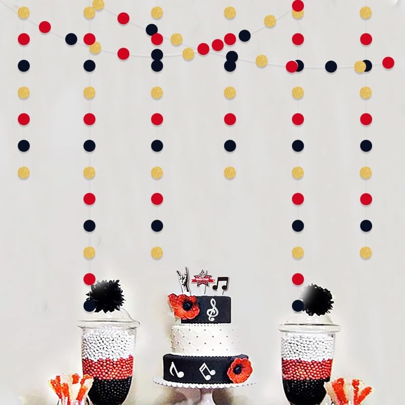JEYE Guirnalda de fiesta dorada, negra y roja, decoración de papel con puntos circulares, decoración colgante para graduación, cumpleaños, boda, aniversario, vacaciones, fiestas, paquete de 2, 26 pies