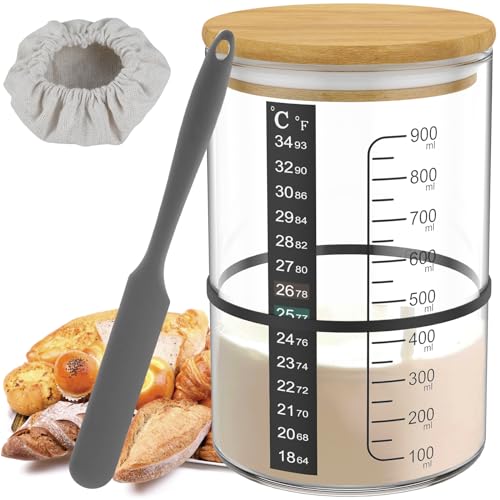 Juego de 6 tarros de masa madre de 900 ml con tapa de madera, termómetro, espátula, cubierta de tela, etc. Recipiente para hornear pan de masa madre (D)