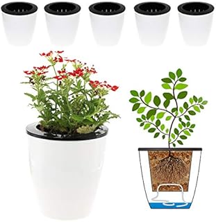 DELF 6 Pack 4.7 Inches Self Watering Planter Wicking Pots for Plants Indoor Golden Devil's Ivy, African Violet, Ocean Spider Plant, Orchid, White Color