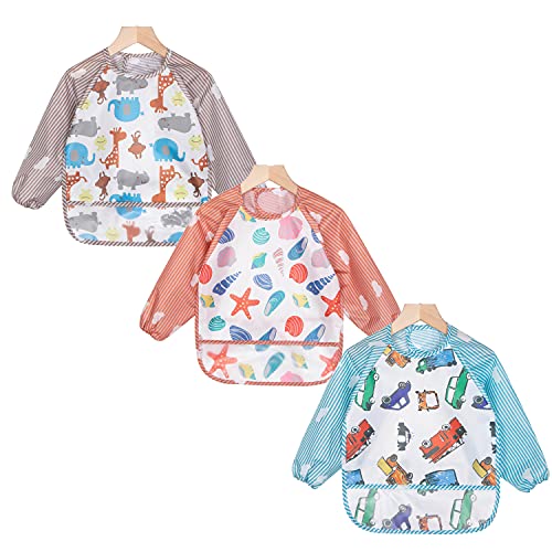 ElecMotive 3pcs Baberos Bebes con Mangas Larga Impermeables Delantal Ropa Babero Infantil para Pintar 9-36 Meses