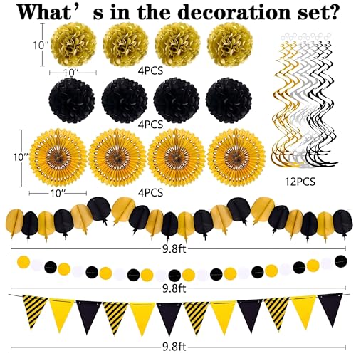 Image of Moon Boat 35PCS Party Decorations Paper Fan Hanging Set - Birthday,Graduation,Baby Shower,Wedding,Retirement,Black and Gold Decor（Black）