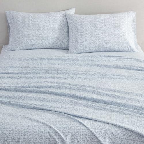 Image of Martha Stewart - King Sheet Set with Fitted Sheet & Pillowcases, Cotton Percale Bedding with a Smooth Feel, Deep Pocket, Leaves Blue