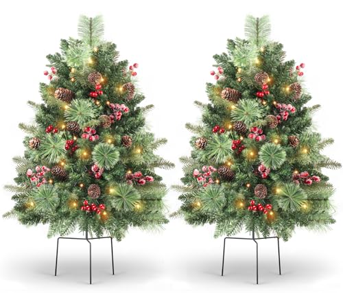 LAVEVE 34 Prelit Frosted Christmas Tree Urn Filler with 50 LED Lights - 2 Pack for Outdoor Porch and Pathway