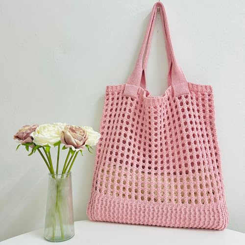 Image of Pink Crochet Tote Bag, Large Woven Beach Bag, Handbag Knit Bag for Women, Summer, All Seasons, 15 x 9.5x 4.3 inches