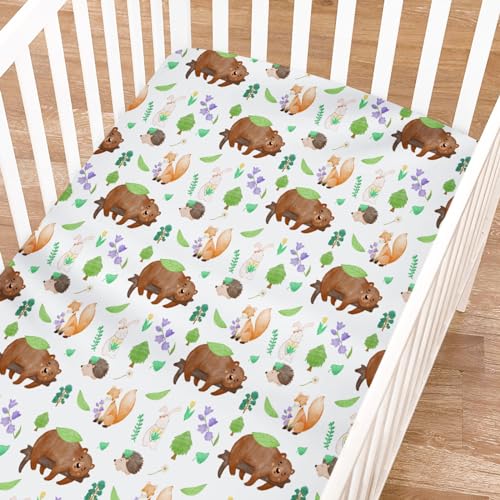 Image of Animals Trees Floral Spring Baby Crib Sheets for Boys Girls 52 inchx28 inch Cute Bear Bunny Hedgehog Fox Soft Breathable Unisex Baby Nursery Bed Sheets for Standard Crib and Toddler Mattresses