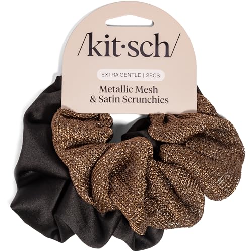 Image of Kitsch Metallic Mesh & Satin Scrunchies For Women - Recycled Fabric Hair Ties for Secure Hold, Comfortable Wear | Softer Than Silk Scrunchies For All Hair Types - Black & Chocolate, 2pcs