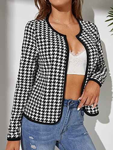 WDIRARA Women's Houndstooth Open Front Long Sleeve Plaid Work Office Elegant Jacket3