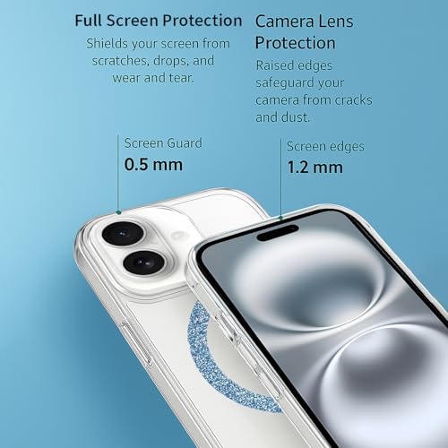 Image of AIBEX Back Cover Case Compatible with iPhone 16 Plus | Glitter Ring Cute Shiny Colorful Bling Case (Compatible with Magsafe) | Transparent PC+TPU Glossy Shiny Cover for Girls & Women - Blue