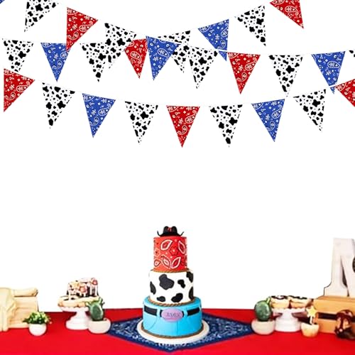 Image of 32Ft Western Cowboy Party Decorations Red Paisley Blue Bandana Pennant Banner Fabric Triangle Flag Garland Streamers for Western Cowboy Birthday Yee Haw Country Rodeo Party Decor Supplies