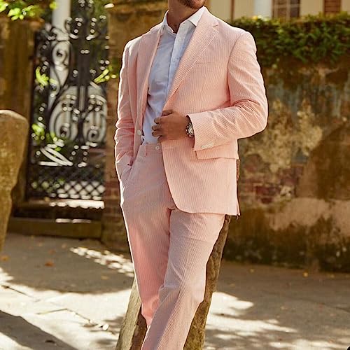 HZUOU Striped Seersucker Men Suits Cotton Summer Beach Wedding Tuxedos 2 Pieces Notch Lapel Suits for Men HZH213