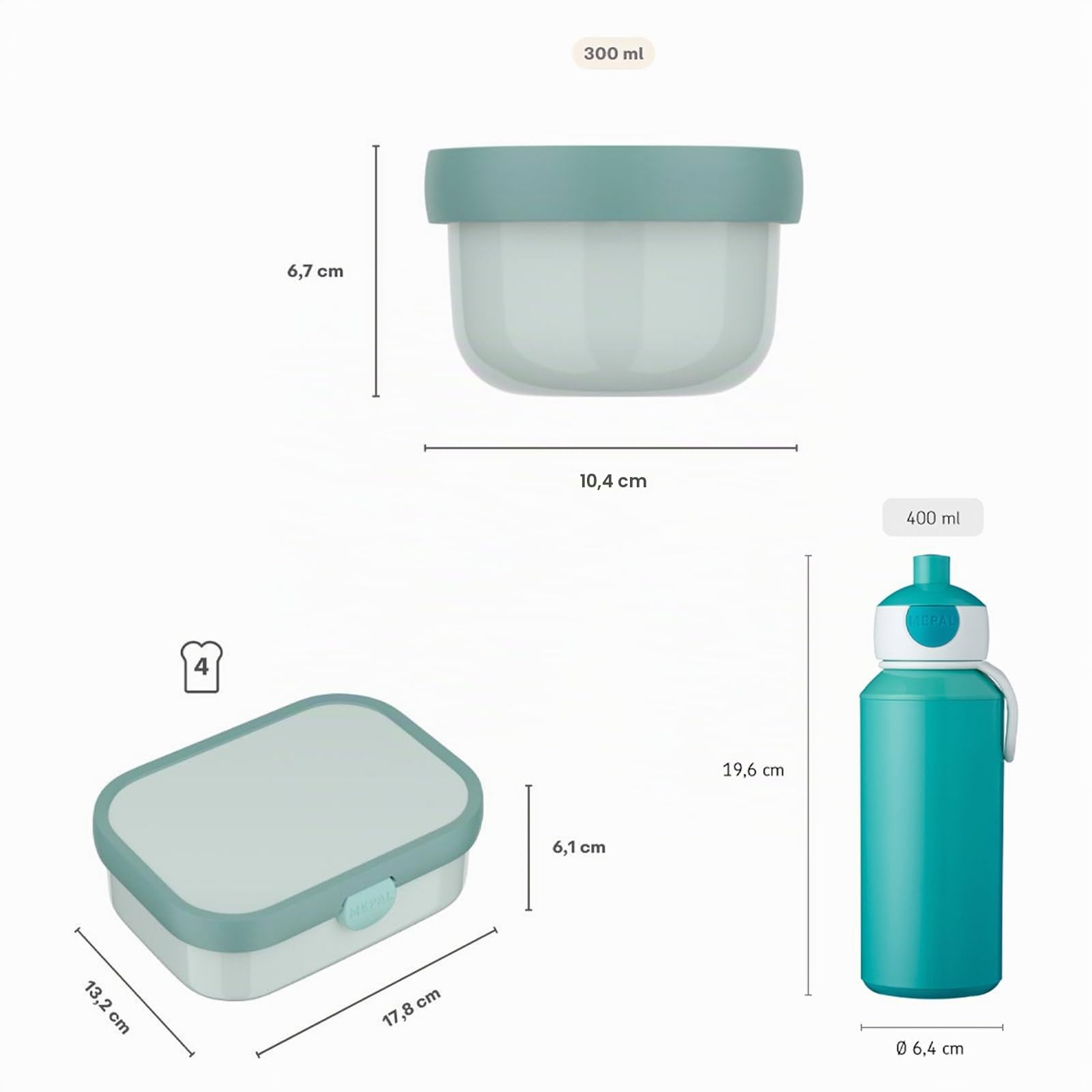 Mepal - Pausenset Campus - Set für Kinder mit Pop-up Trinkflasche, Lunch Box & Obstbox - Lunch-Set für die Schule oder unterwegs - Spülmaschinenfest - 400 + 750 + 300 ml - Cool mint