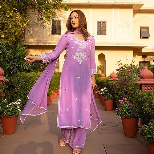 Image of GoSriKi Women's Cotton Blend Straight Embroidered Kurta with Pant & Dupatta