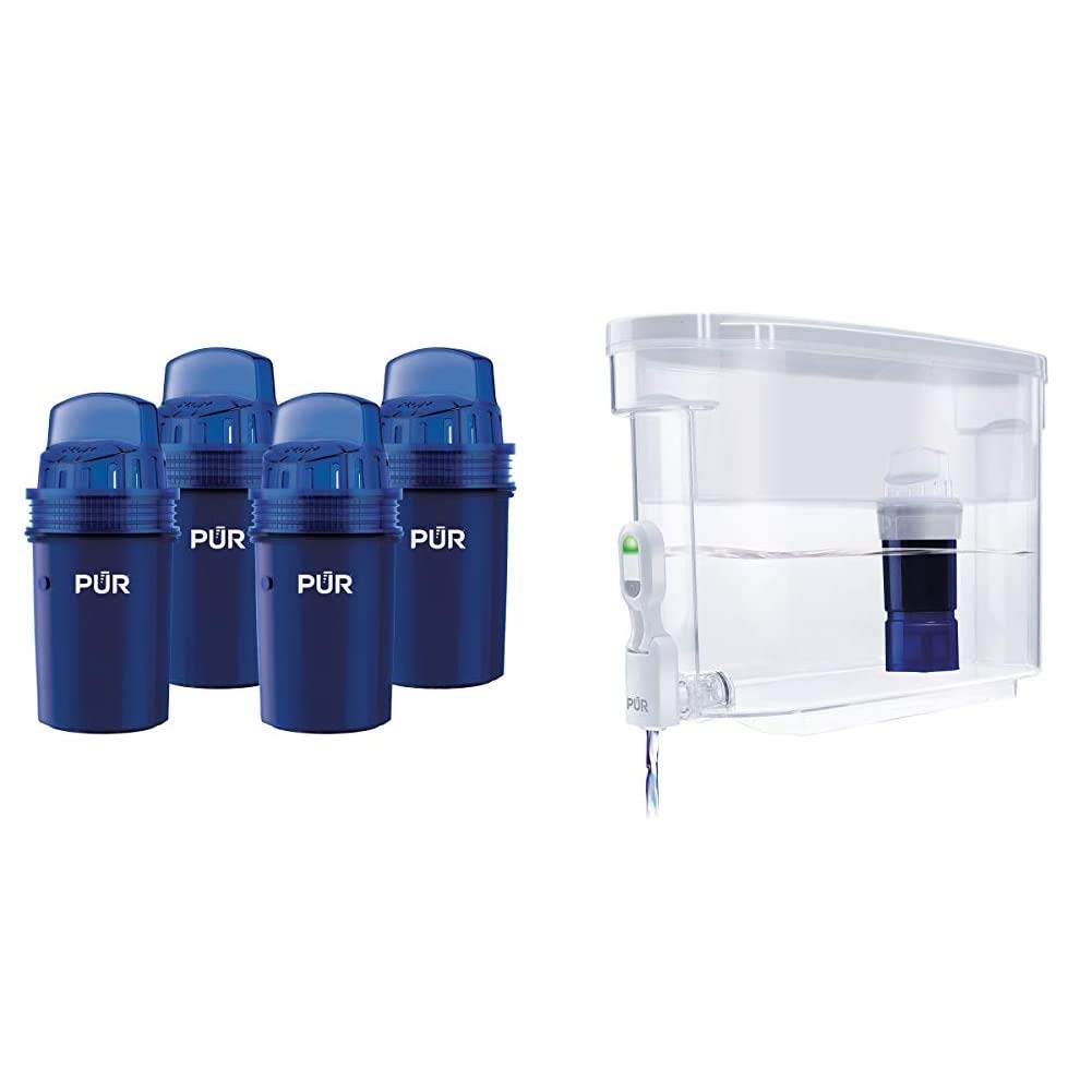 PUR Water Pitcher Replacement Filter Pack of 4 and PUR PLUS Large Filtered Water Dispenser 30 Cup