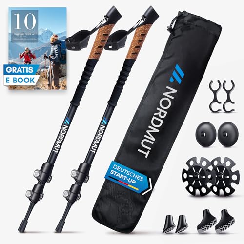 NORDMUT® Nordic Walking Stöcke Damen und Herren | Wanderstöcke Teleskop | Ultraleichte Trekkingstöcke [mit Gummipuffer-Set] verstellbar mit Echt Kork Griff (Nordic Walking Alu)