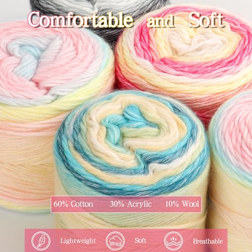 Image of Katech Ombre Yarn for Crocheting-Gradient Cake Yarn-4x100g 60% Cotton 30% Acrylic 11% Wool-Multicolor Soft Rainbow Cotton Crochet Yarn for Scarves, Shawls, Blankets and Garments(Q)