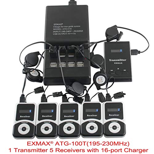 Sistema Inalámbrico de Transmisión de Voz para Guías Turísticos EXMAX ATG-100T, 195 MHz, Equipamiento para Interpretación Susurrada en Iglesias, Tribunales y Traducción Simultánea (1 Transmisor y 5 Receptores con Base de Carga USB) miniatura 2