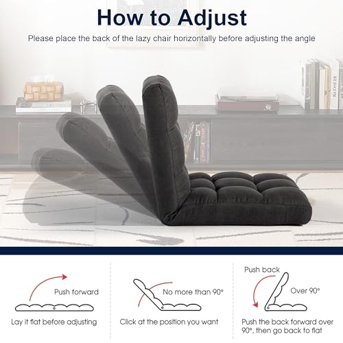 Image of Folding Floor Chair with Back Support, Adjust Lay Flat Recliner Oversized Lounge Wide Lazy Boy Gaming Ergonomic Single Sofa Seat for Living Room Bedroom(Black)
