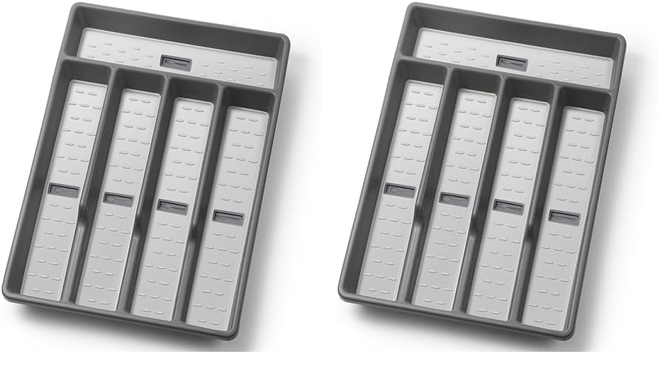 CherHome Silverware Organizer with Cutlery Icons，Silverware Tray for Kitchen Drawer，Plastic Silverware Flatware Tableware Drawer Organizer with Non-slip TPR Linings，5-Compartment (Dark Grey)