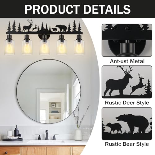 Image of Rustic Bathroom Light Fixtures with Deer Bear,5-Light Vanity Lamp | Farmhouse rustic style, Deer Bear Design,Clear Glass Shade,Wall Light for Bathroom, Hallway, Kitchen, Porch,Study, Bar