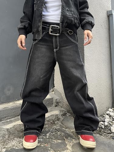 Mens Irregular Sutures Baggy Jeans with Angled Pocket Y2k Hip Hop Wide Leg Denim Pants4