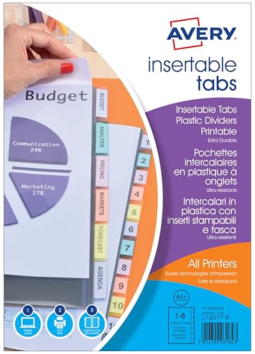 AVERY - Pochettes intercalaires à onglets personnalisables et imprimables, 8 touches, Format A4+ (permet de classer des pochettes perforées), En...