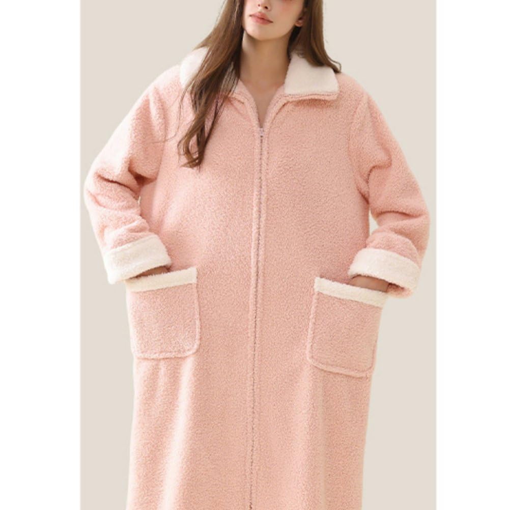 Robes En Polaire Zippées Pour Femmes Confort Chaud, Patchwork Col À Revers Tenue De Détente Longue