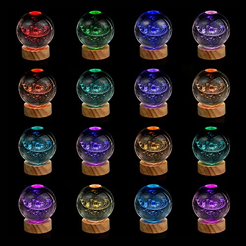 Image of 3D Solar System Crystal Ball Night Light with 16 Color LED Wooden Base, Upgraded 3.15 Inch Galaxy Planets Glass Ball Lamps with Remote for Birthday Christmas, Astronomy Space Gifts for Boys Girls