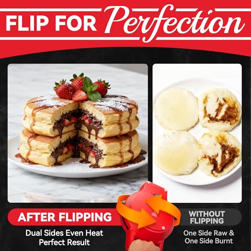 Image of SugarWhisk Flip Pancake Maker Machine, Ceramic Coated Pancake Pan for 6.5 Inch Pancakes, Omelette, Crepe & Quesadilla, Frittata, Double Sided Omelette Pan Nonstick, Red