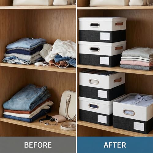 Image of PRANDOM Storage Bins with Lids [3-Pack] Linen Fabric Foldable Storage Boxes Organizer Containers Baskets Cube with Cover for Bedroom Closet Office Black & White（11.4X8.6X6.7