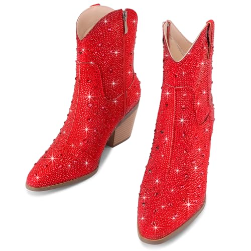 Image of Cowgirl Ankle Boots Cowboy Boots for Women Western Booties Rhinestone Chunky Heel Fashion Comfortable Side Zipper