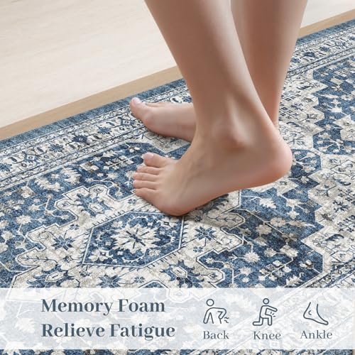Image of LEEVAN Blue Anti Fatigue Mats for Kitchen Floor Sets of 2,Memory Foam Cushioned Kitchen Mats for Floor,Non Slip Waterproof Ergonomic Boho Kitchen Mat for Sink,Laundry,Home,Office(17''x29''+17''x47'')