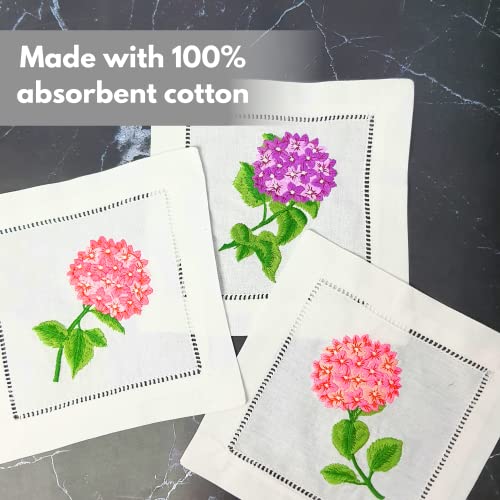 Hcraft Embroidered White Cocktail Napkins 6"X6" Set Of 6 Cloth Napkin Coasters, Mix Hydrangea Embroidered Cocktail Napkins For Christmas Cocktail Napkins Parties, Ladder Hemstitch, Great Present Ideas #TOP4