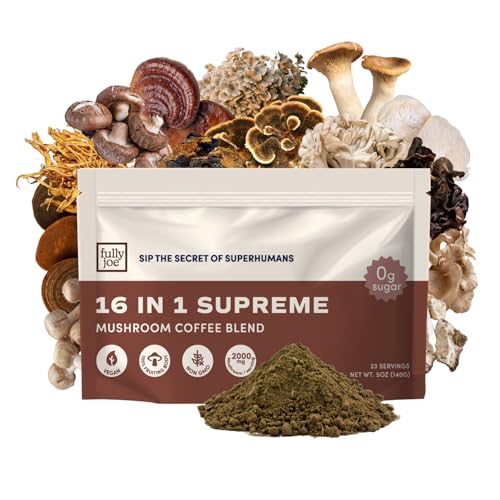 Fully Joe Mushroom Instant Coffee with 16 Superfood Mushrooms, Includes Lion's Mane, Reishi, Chaga, Cordyceps Mixed With Gourmet Arabica Instant Immune Boosting Coffee for Focus & Gut Health